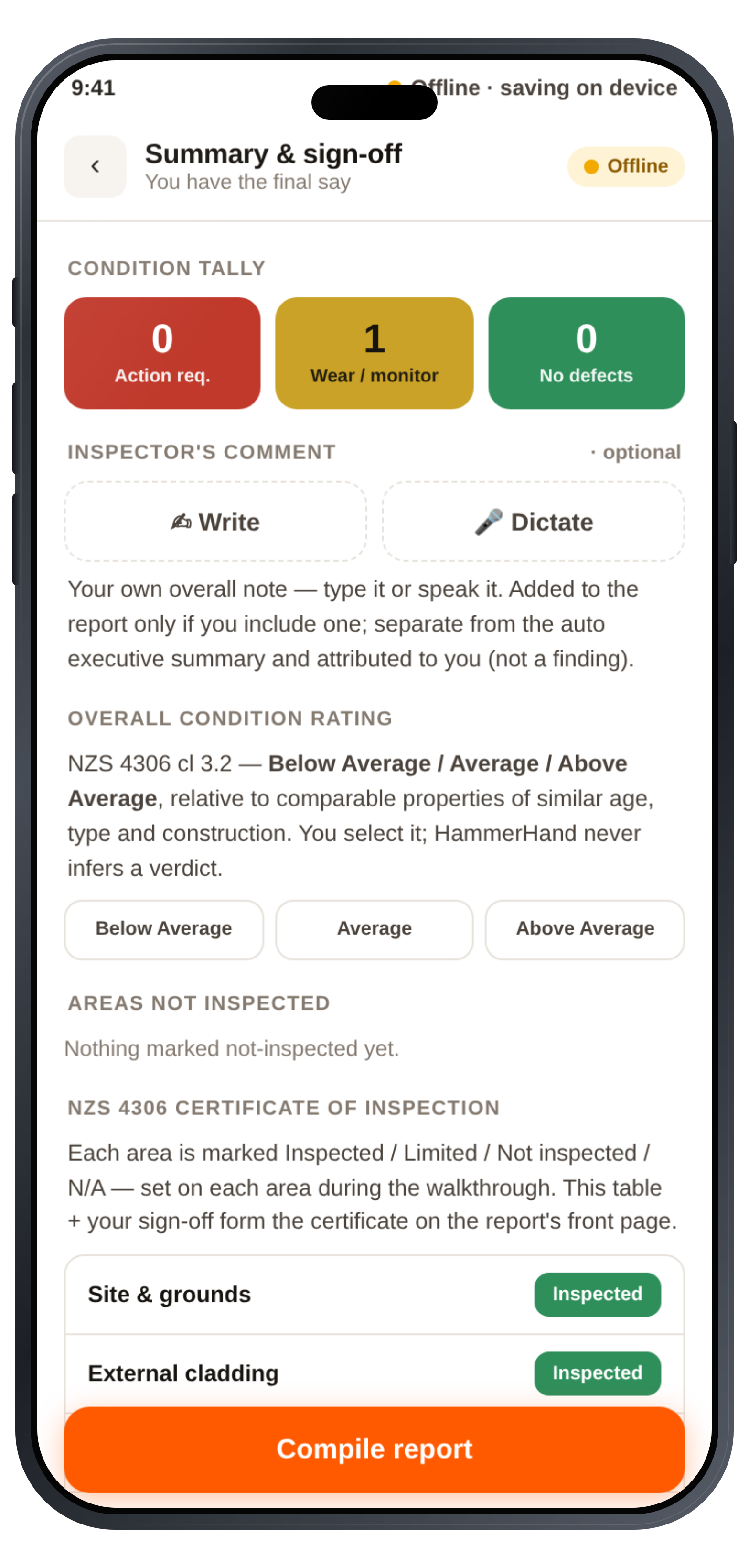 Summary and sign-off: condition tally, your overall rating, the NZS 4306 certificate, then compile the report
